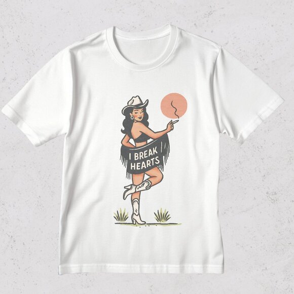 Vintage Style Pinup Cowgirl Heart Breaker Graphic Tee Retro Comic Style Design - Picture 4 of 6